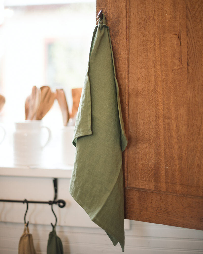 Linen Tea Towel in Dark Green, Washed Linen Kitchen Towel