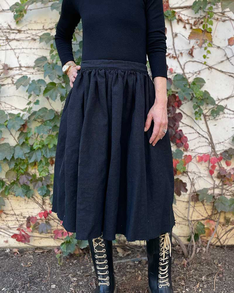 Black Raw Edge Linen Skirt